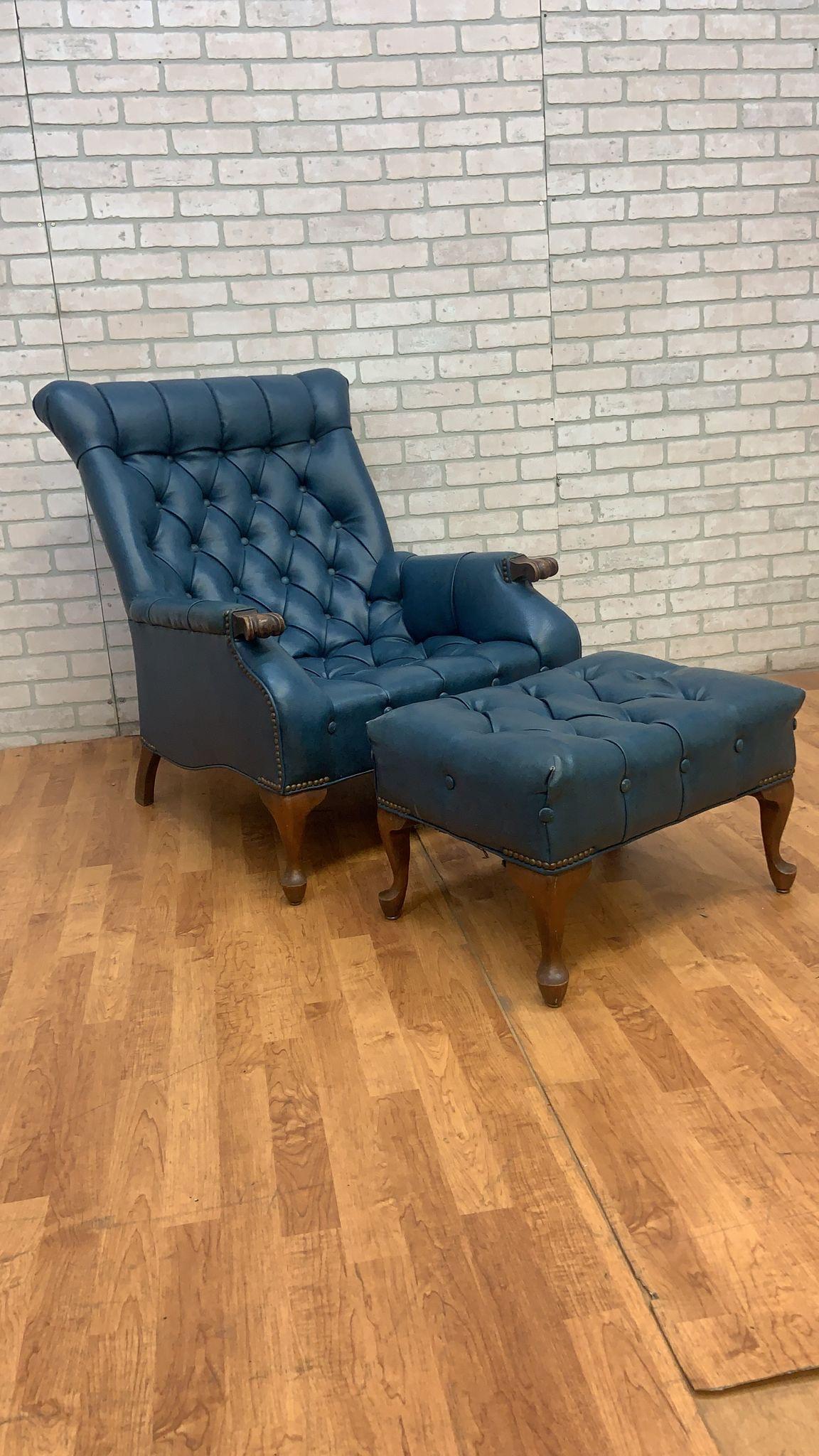 Vintage Sleepy Hollow Blue Tufted Chair and Ottoman - 2 Piece Set 1