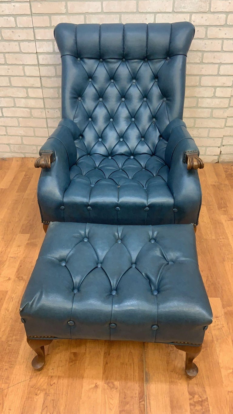 Vintage Sleepy Hollow Blue Tufted Chair and Ottoman 2 Piece Set