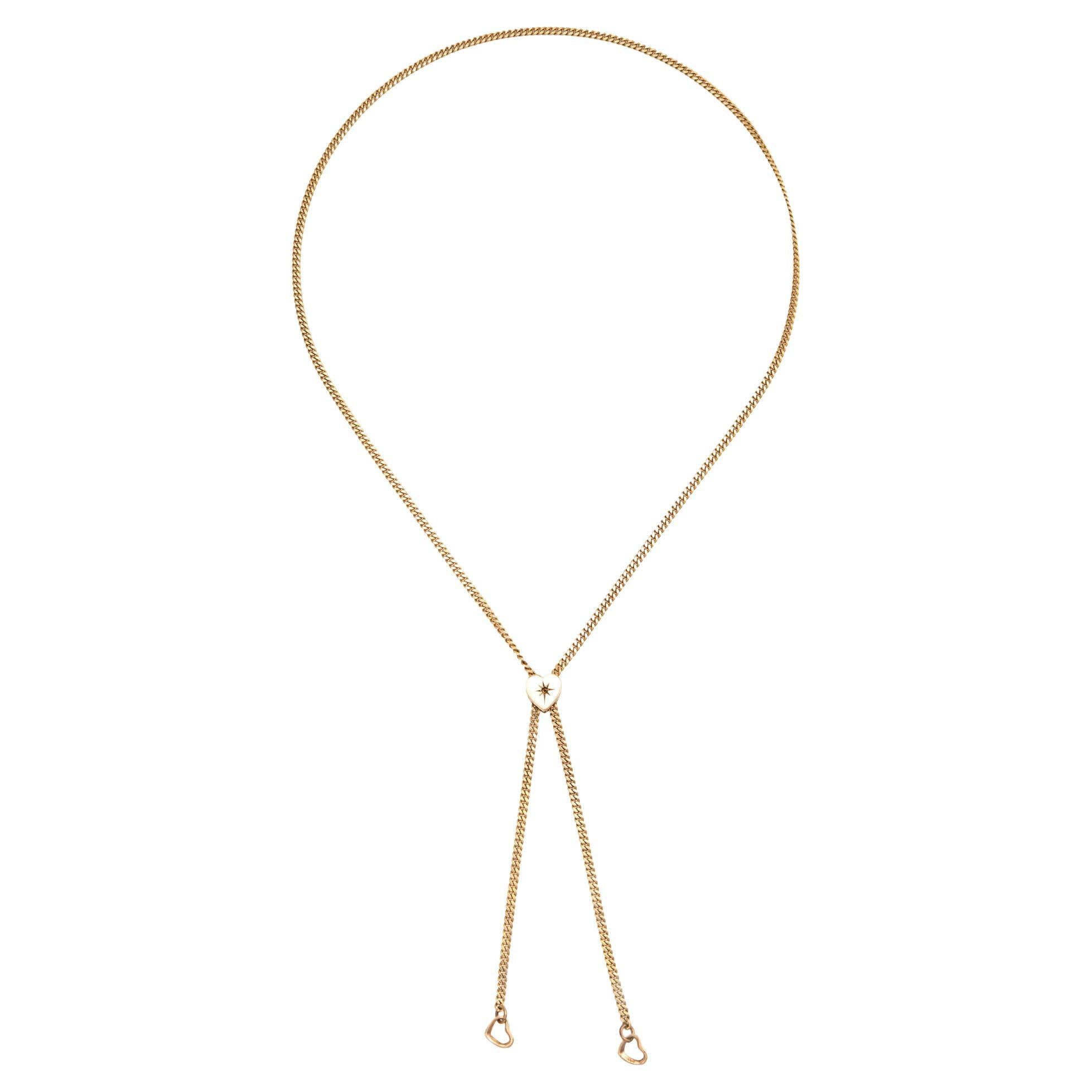 Vintage Slide Necklace 18k 14k Yellow Gold 28" Heart Lariat Curb Chain Jewelry