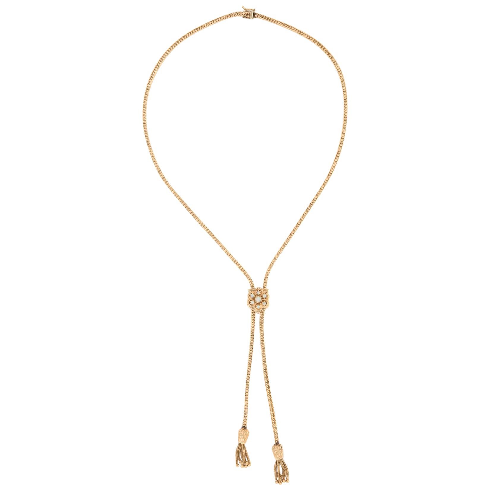 Vintage Slide Necklace Opal Tassel 14 Karat Gold Adjustable Estate Jewelry