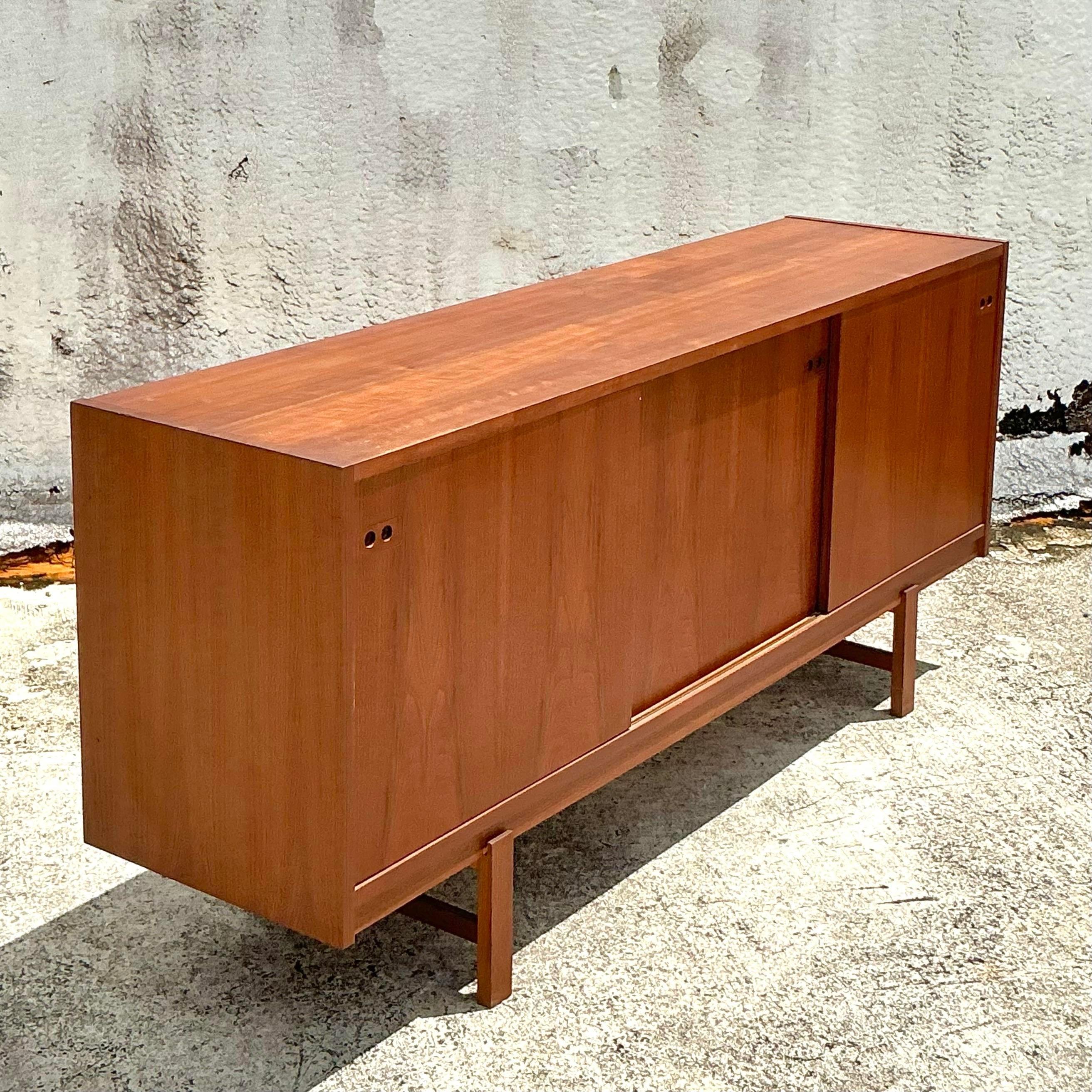 Mid-Century Modern Vintage Sliding Door Steak Credenza After Kofod Larsen For Sale