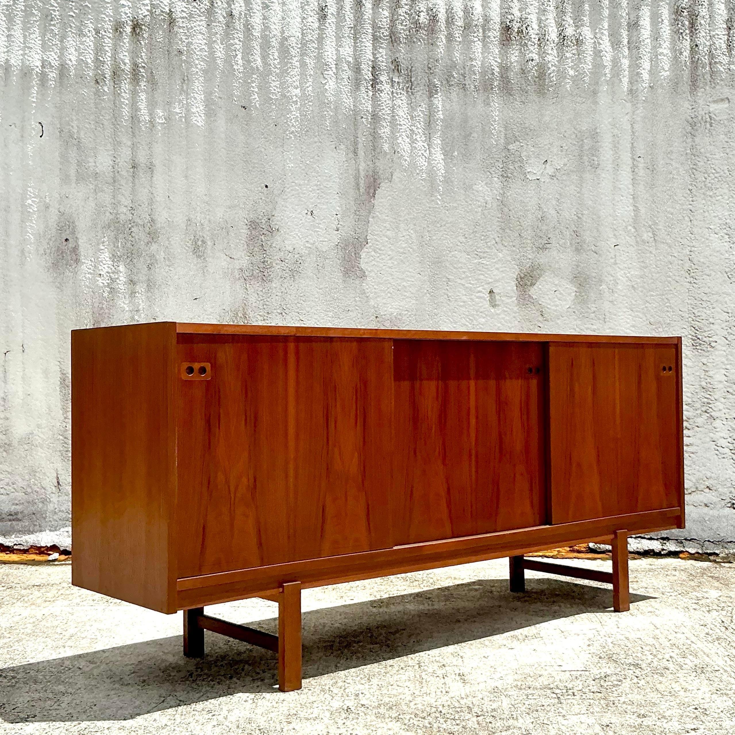 20th Century Vintage Sliding Door Steak Credenza After Kofod Larsen For Sale