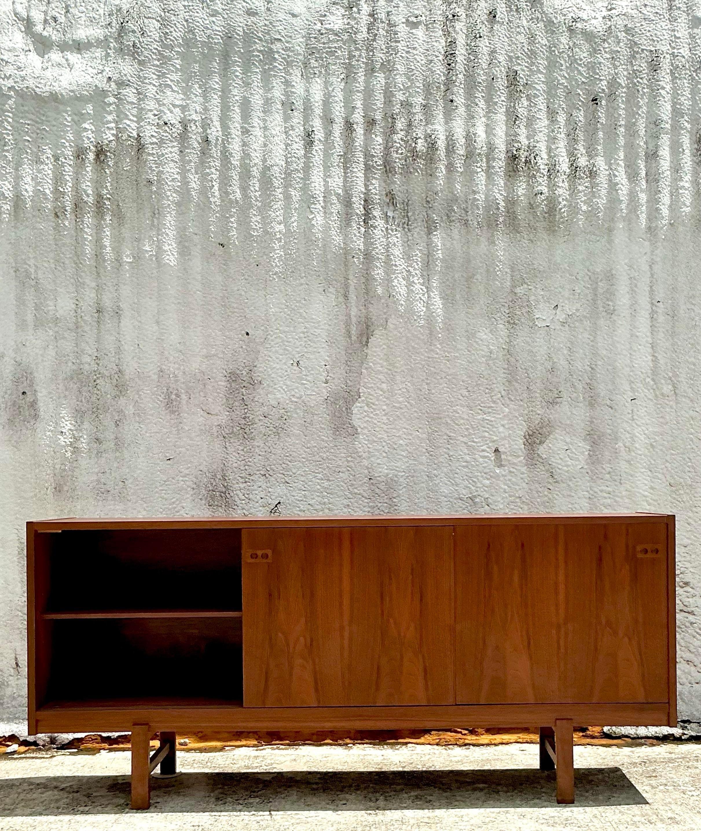 Teak Vintage Sliding Door Steak Credenza After Kofod Larsen For Sale