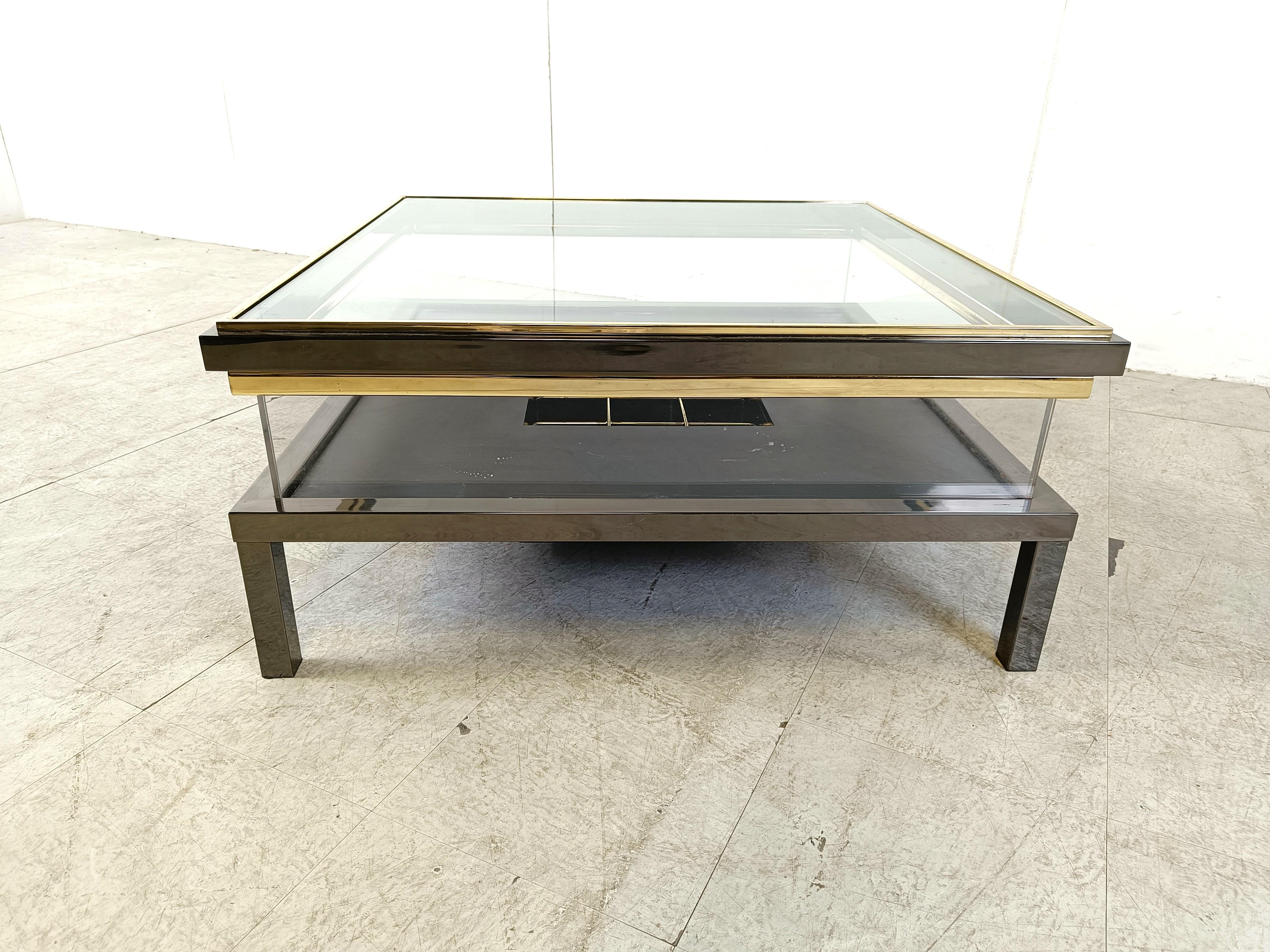 Brass Vintage sliding glass coffee table by Maison Jansen, 1970s For Sale