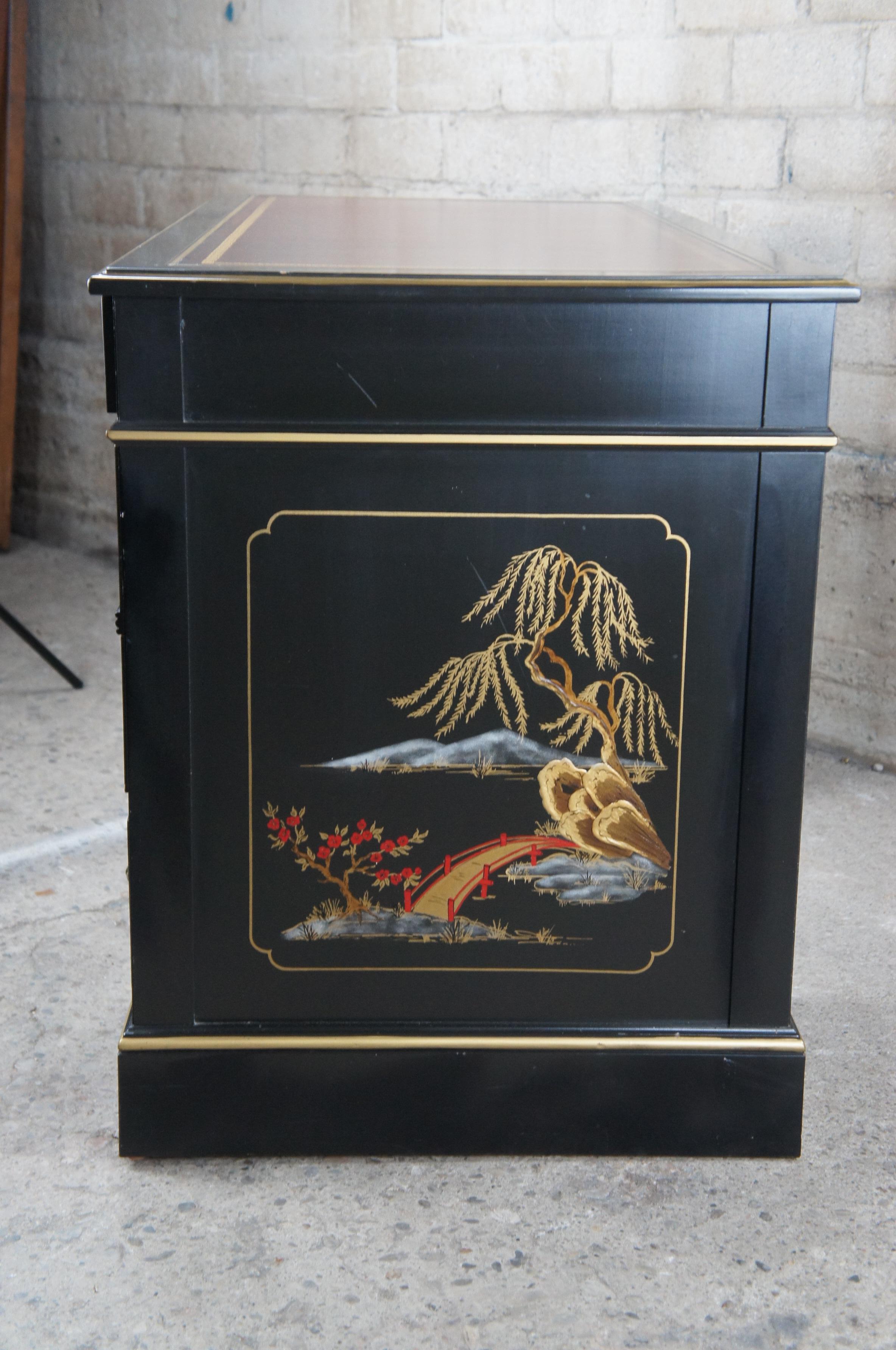 Vintage Sligh Chinese Chinoiserie Black Lacquer Kneehole Writing Desk MCM 5