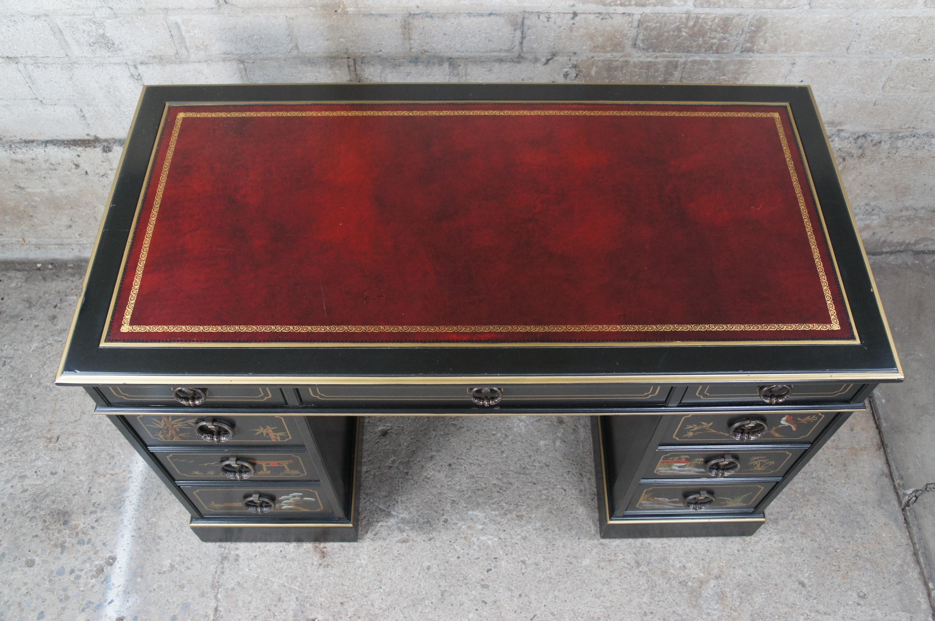 20th Century Vintage Sligh Chinese Chinoiserie Black Lacquer Kneehole Writing Desk MCM