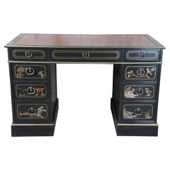 Vintage Sligh Chinese Chinoiserie Black Lacquer Kneehole Writing Desk MCM