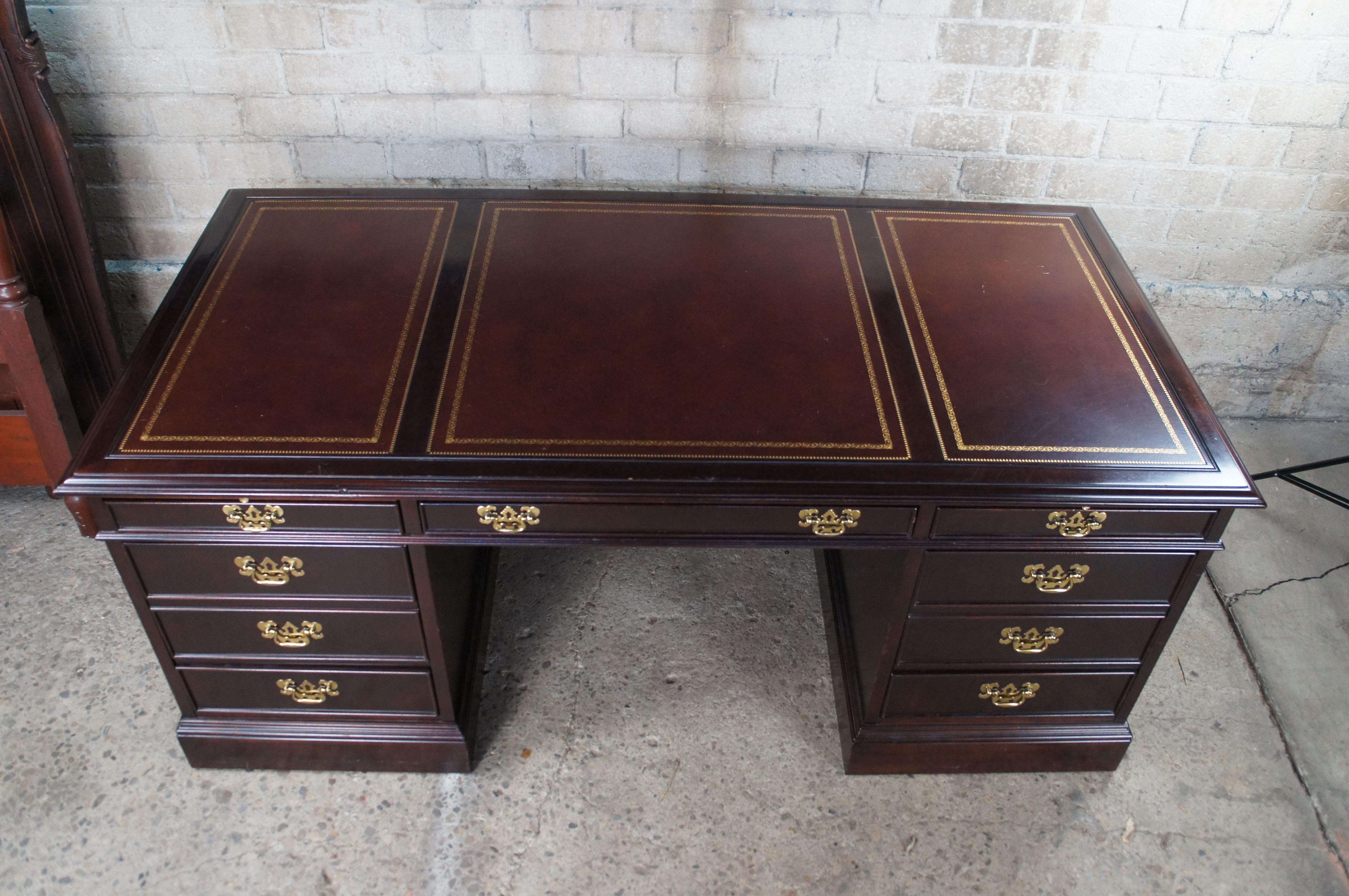 Late 20th Century Vintage Sligh Chippendale Style Mahogany Tooled Leather Executive Office Desk