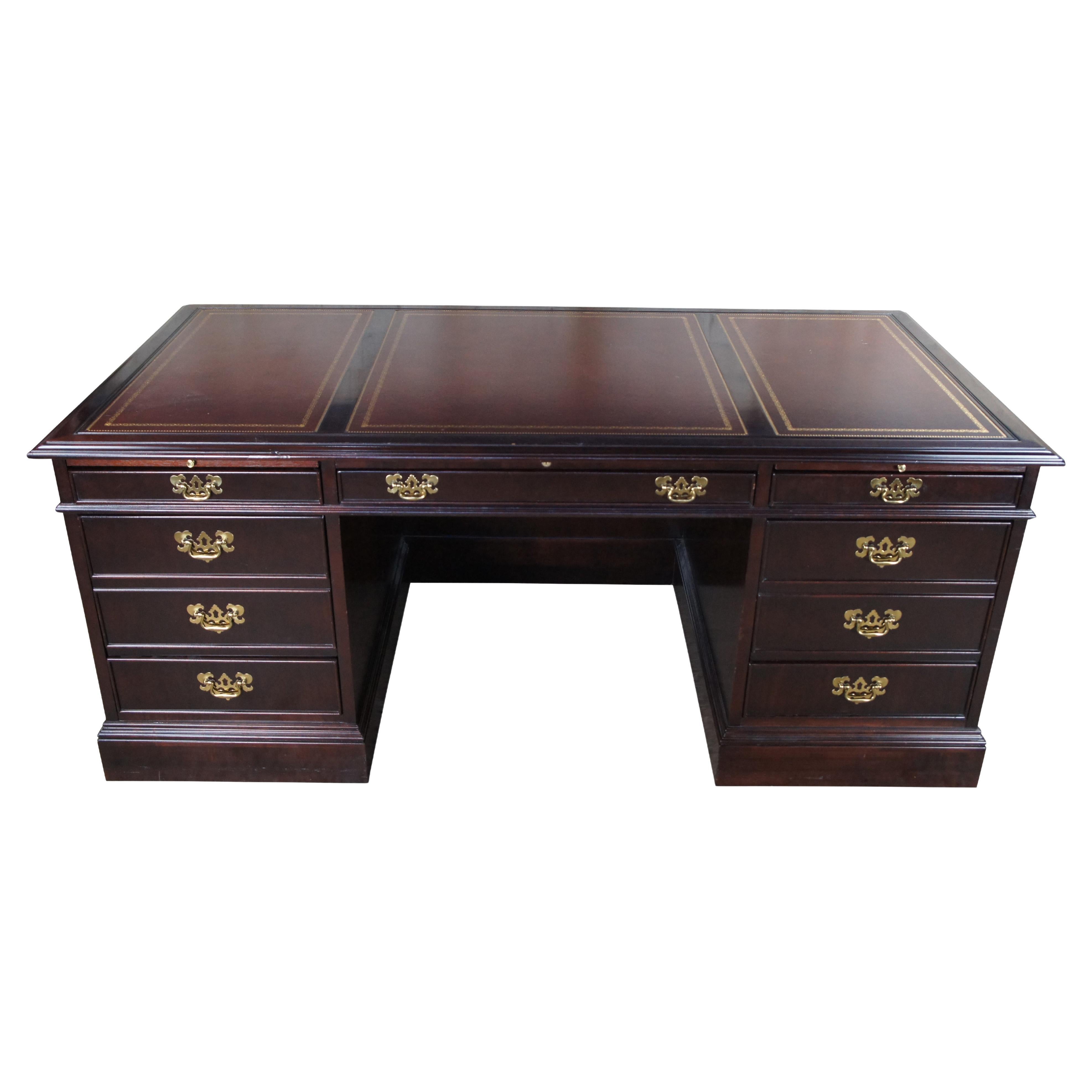 Vintage Sligh Chippendale Style Mahogany Tooled Leather Executive Office Desk