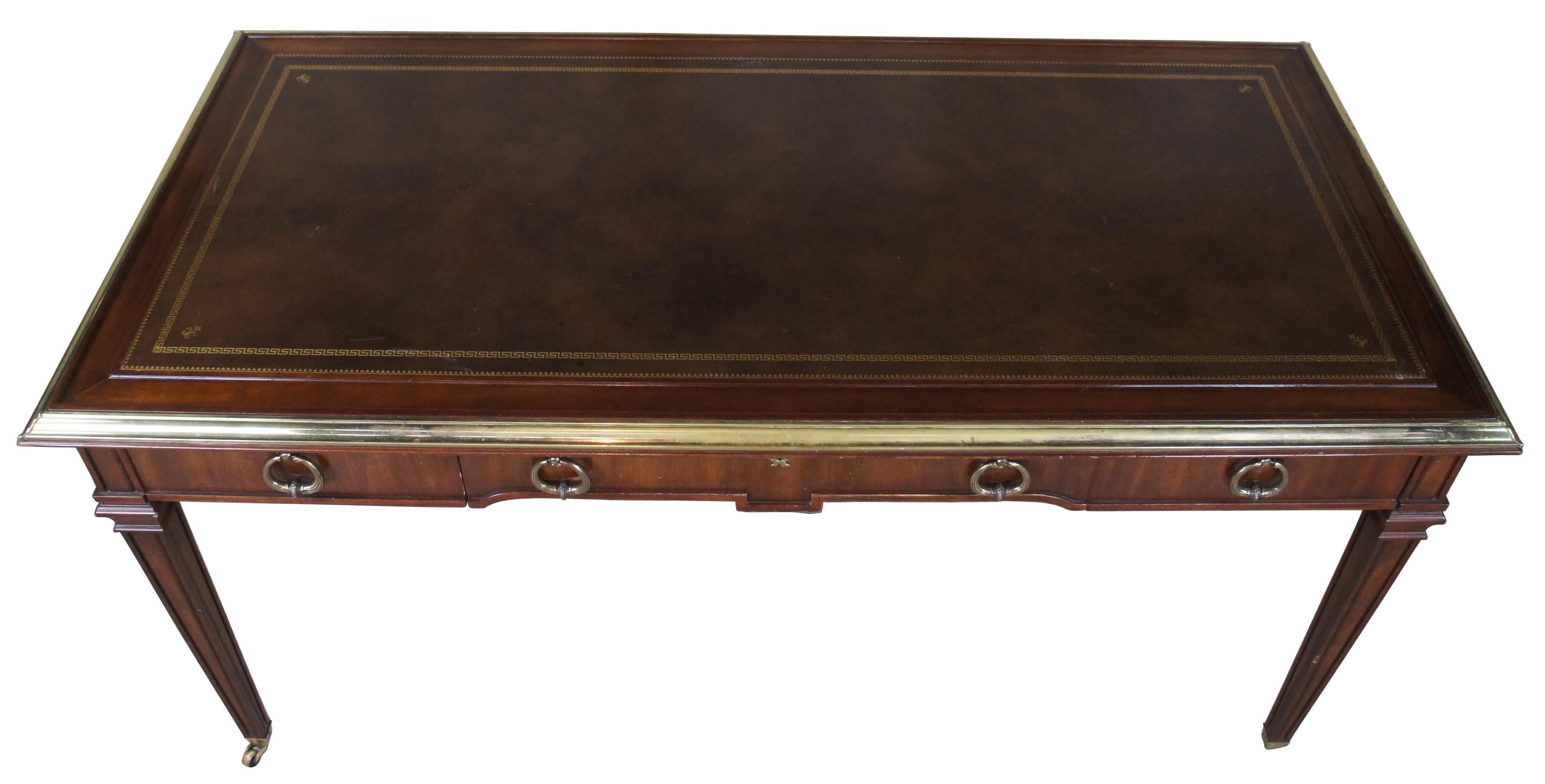 Vintage Sligh Neoclassical Revival Mahogany & Brass Tooled Leather Writing Desk In Good Condition In Dayton, OH