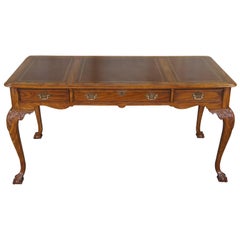 Retro Sligh Oak Chippendale Tooled Leather Claw Foot Office Writing Desk