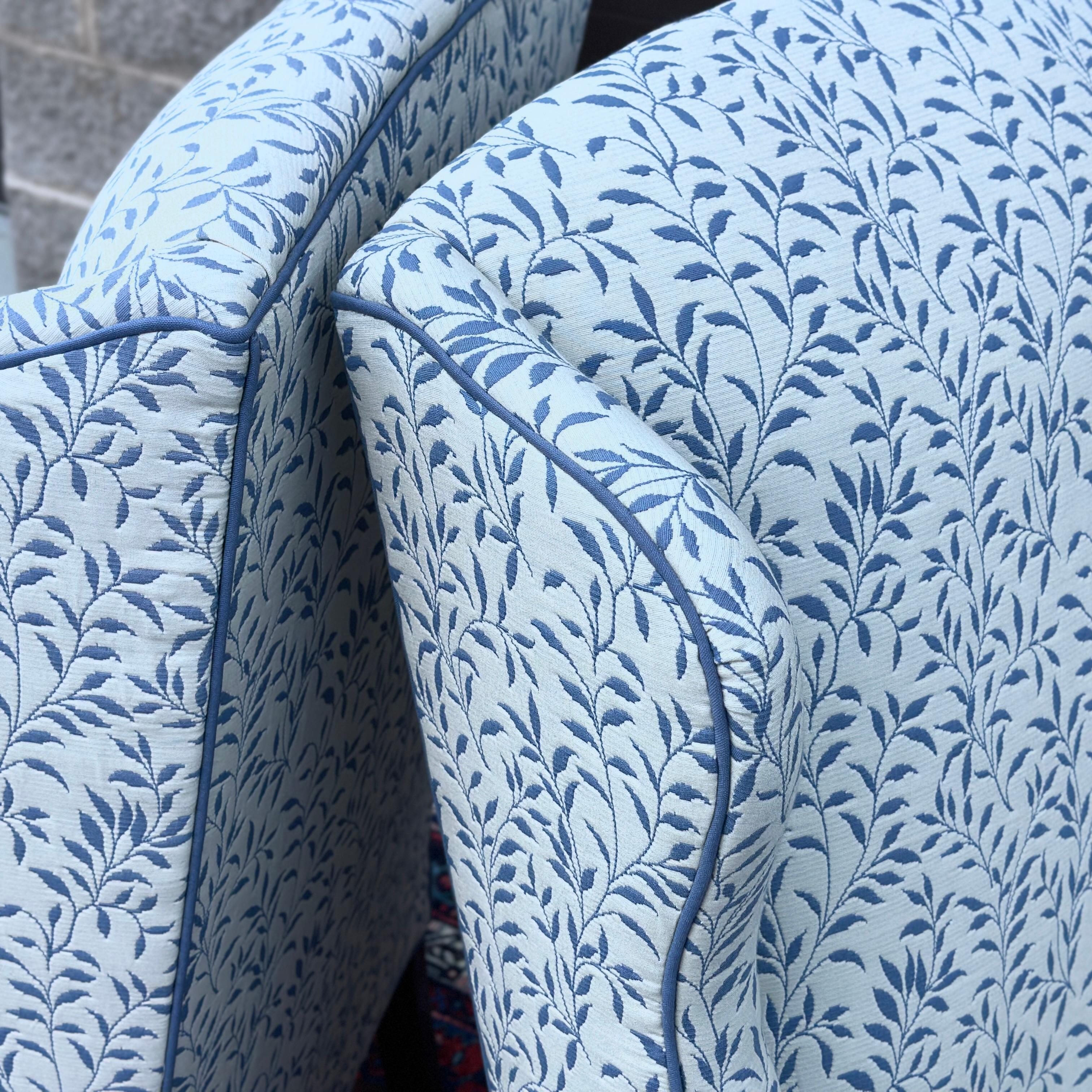 Vintage Slim Wingback Fireside Lounge Chairs in Blue & White Leaf Print 3