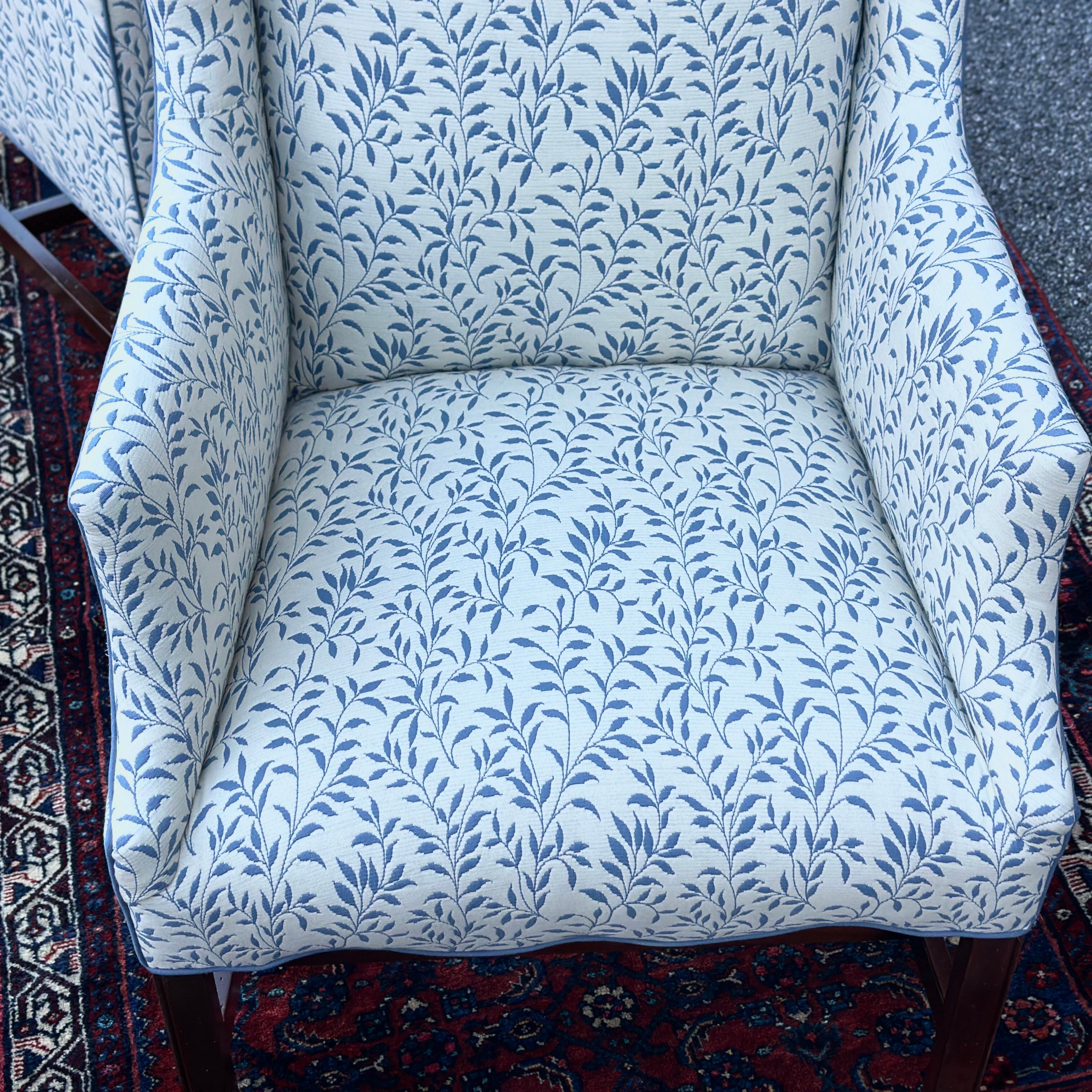 Vintage Slim Wingback Fireside Lounge Chairs in Blue & White Leaf Print 4