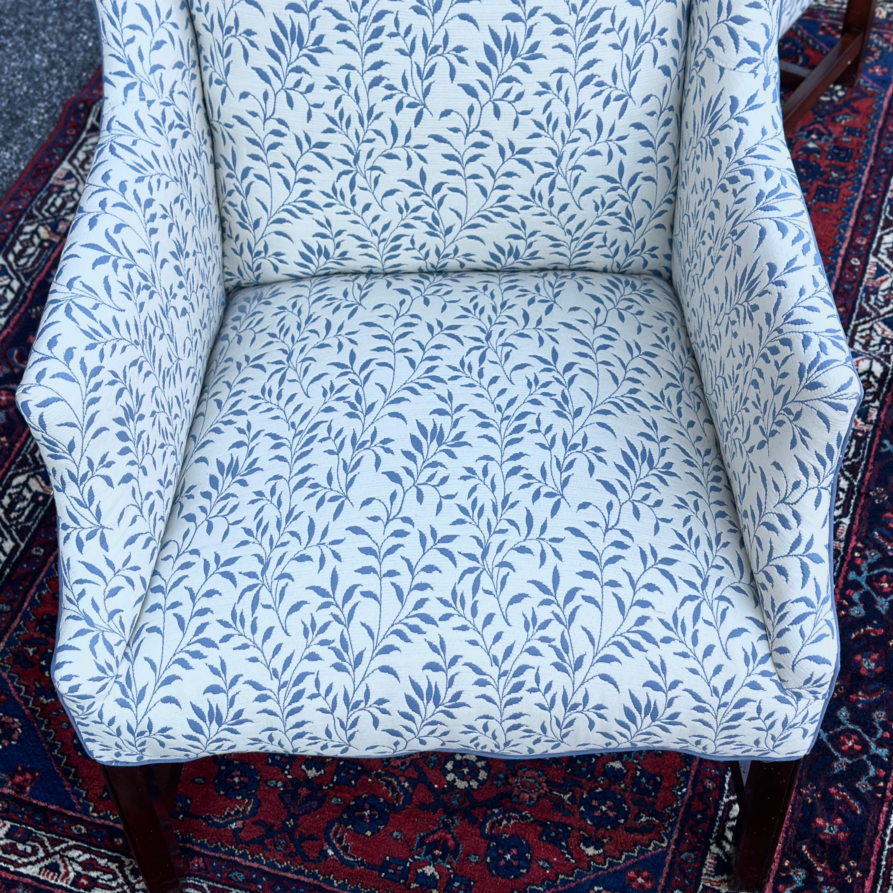 Vintage Slim Wingback Fireside Lounge Chairs in Blue & White Leaf Print 5