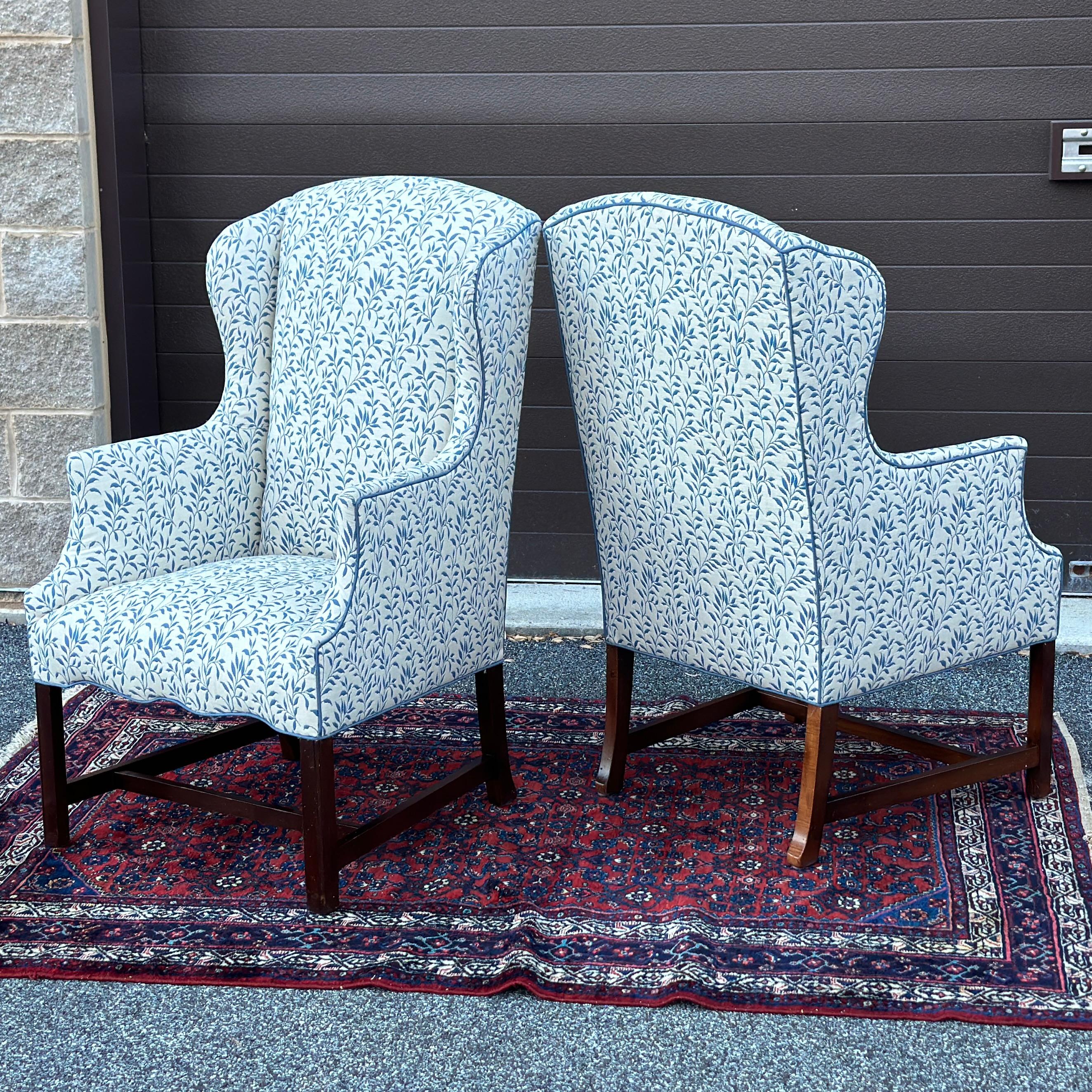 Vintage Slim Wingback Fireside Lounge Chairs in Blue & White Leaf Print 6