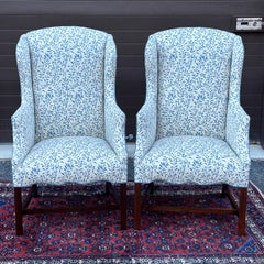 Vintage Slim Wingback Fireside Lounge Chairs in Blue & White Leaf Print