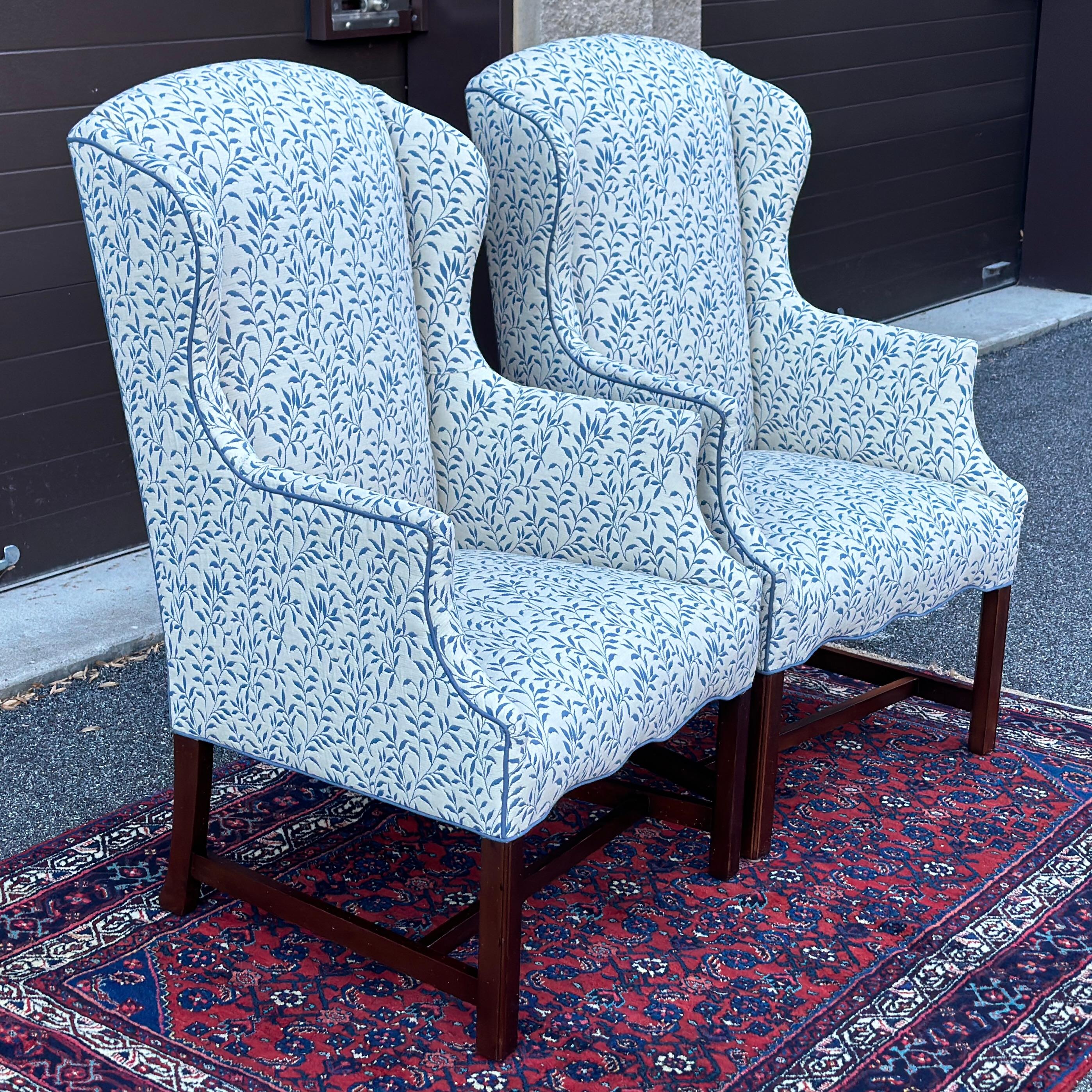 Chippendale Vintage Slim Wingback Fireside Lounge Chairs in Blue & White Leaf Print
