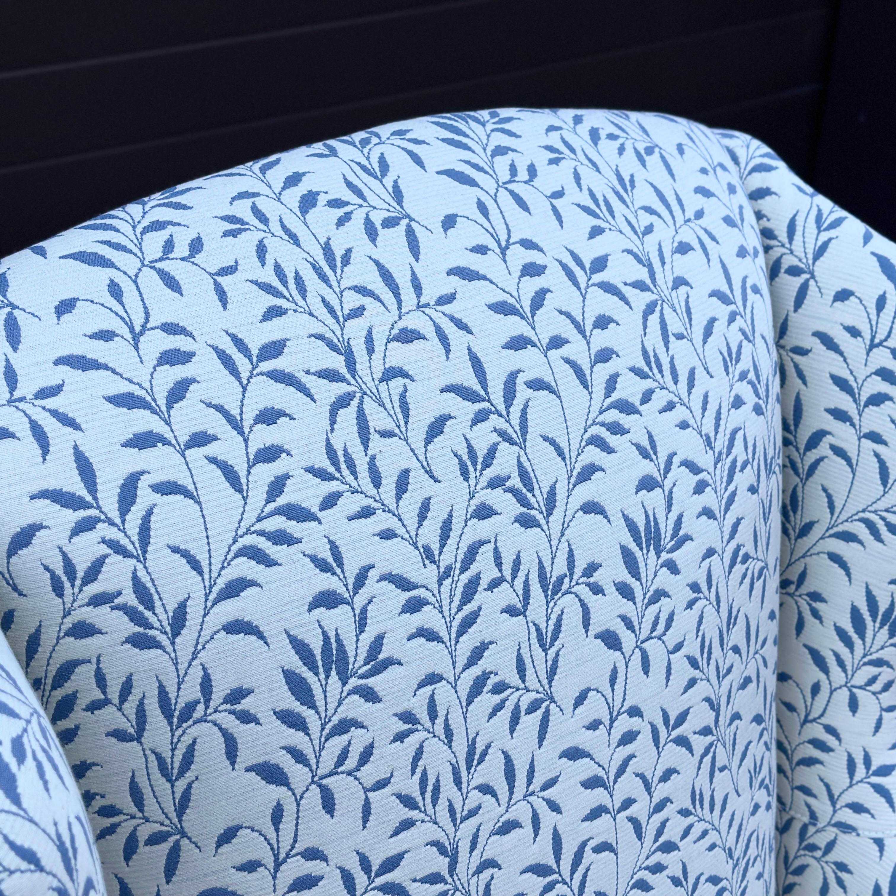 American Vintage Slim Wingback Fireside Lounge Chairs in Blue & White Leaf Print