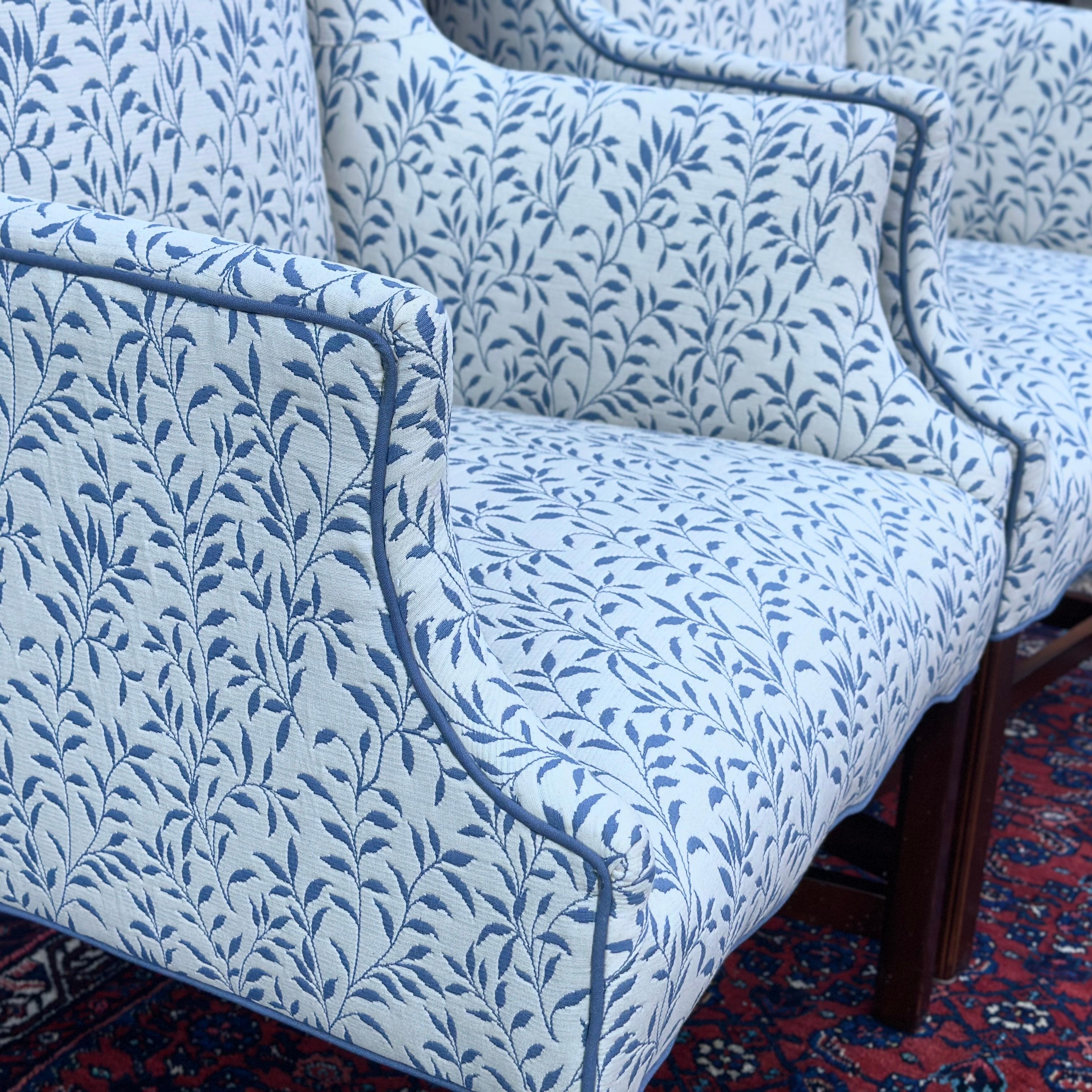Vintage Slim Wingback Fireside Lounge Chairs in Blue & White Leaf Print In Good Condition In West Chester, PA