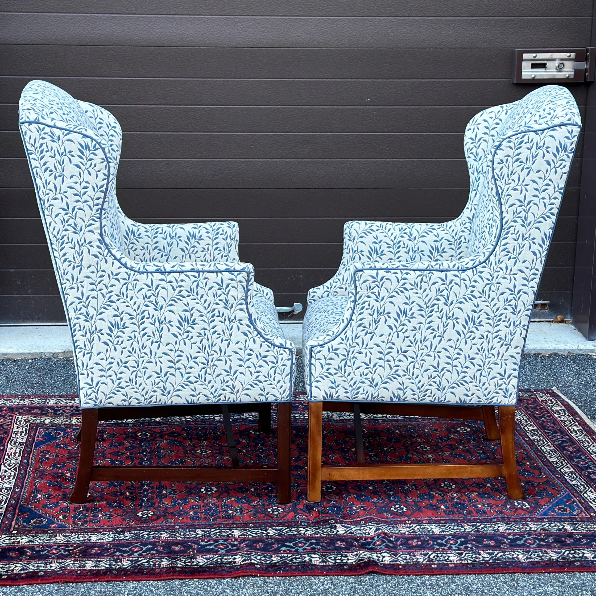 20th Century Vintage Slim Wingback Fireside Lounge Chairs in Blue & White Leaf Print