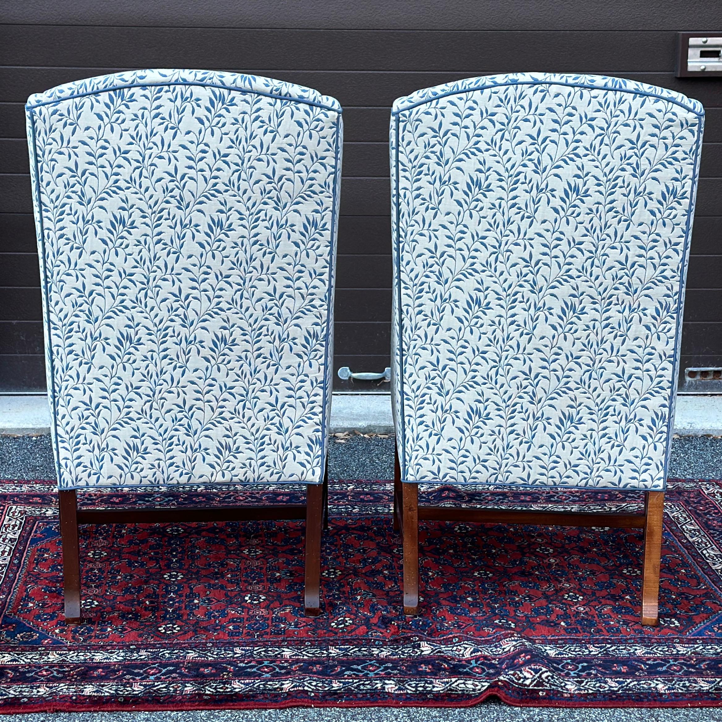 Upholstery Vintage Slim Wingback Fireside Lounge Chairs in Blue & White Leaf Print