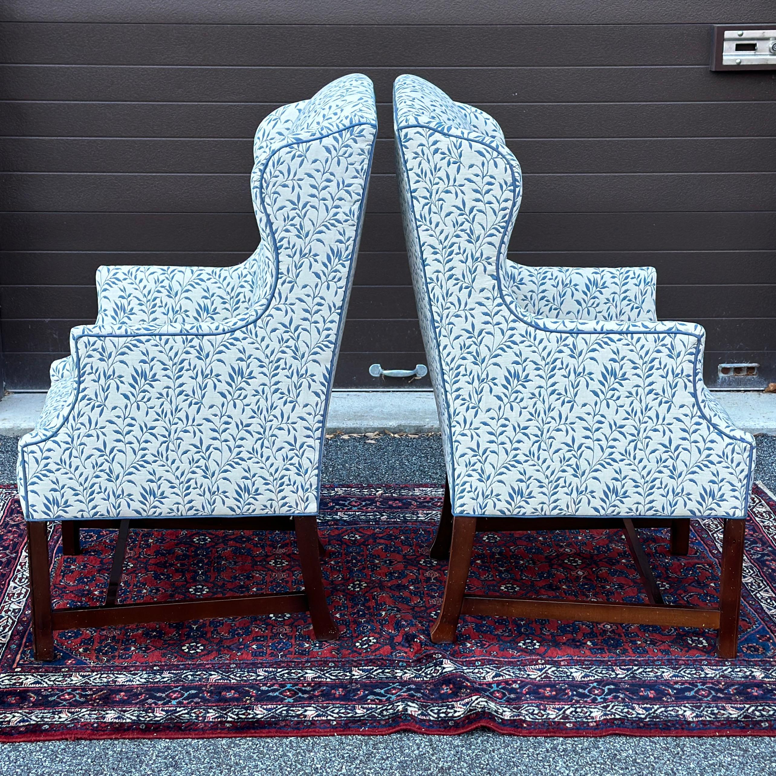 Vintage Slim Wingback Fireside Lounge Chairs in Blue & White Leaf Print 1