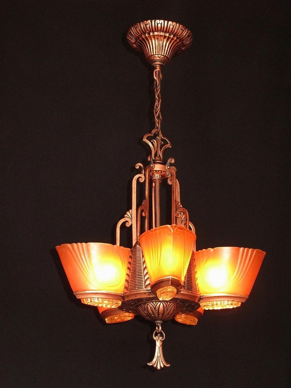 Another example of why Virden was one of the very few lighting manufacturers from the depression era (1930s, not 2008) to still be in business in the 21st Century. Although this wonderful antique slip shade chandelier was born during the Art Deco
