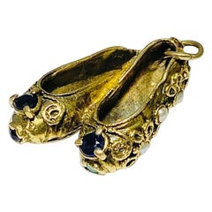 Vintage Slipper Shoe Charm, 10 Karat Yellow Gold Sapphire Pearl Turquoise Ballet