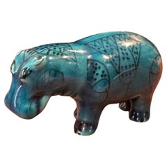 Vintage Small Blue Ceramic "William the Hippo" Sculpture