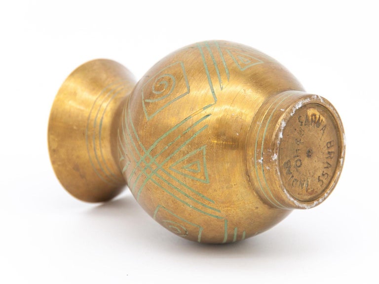 Vintage Small Brass Vase with Geometric Etched Pattern on Surface For Sale at 1stDibs