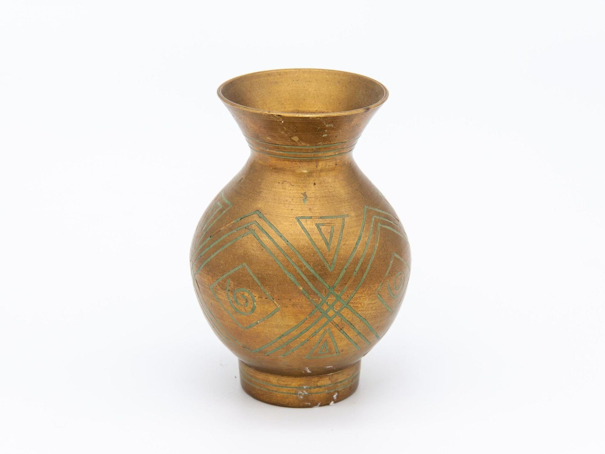 American Vintage Small Brass Vase with Geometric Etched Pattern on Surface