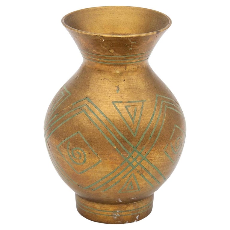 Vintage Small Brass Vase with Geometric Etched Pattern on Surface For