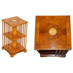 Vintage Small Burr Walnut Sheraton Inlaid Revolving Bookcases Side Table Sized