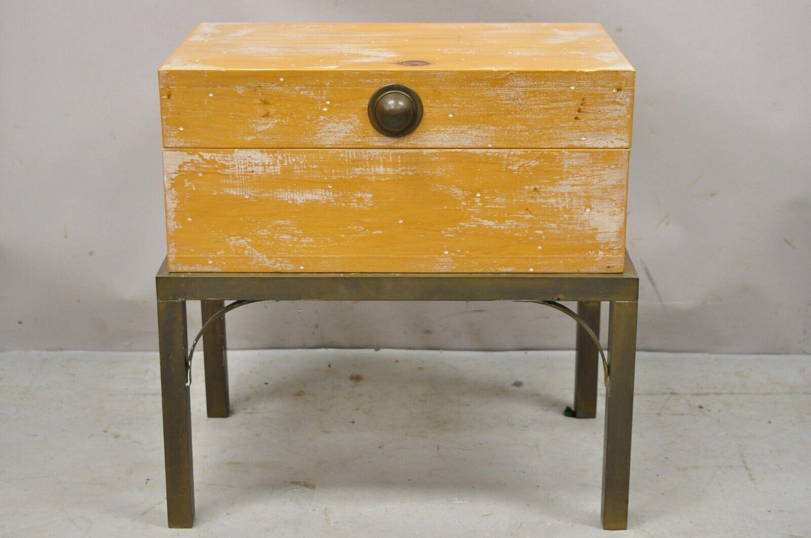 Vintage Small Campaign Style Trunk Chest on Brass Base Accent Side Table For Sale 7