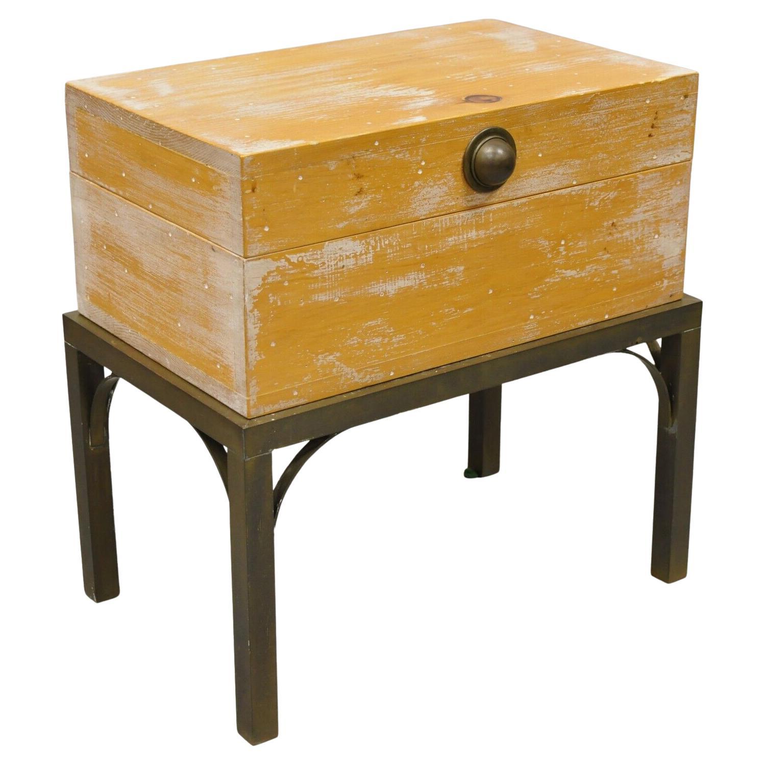 Vintage Small Campaign Style Trunk Chest on Brass Base Accent Side Table For Sale
