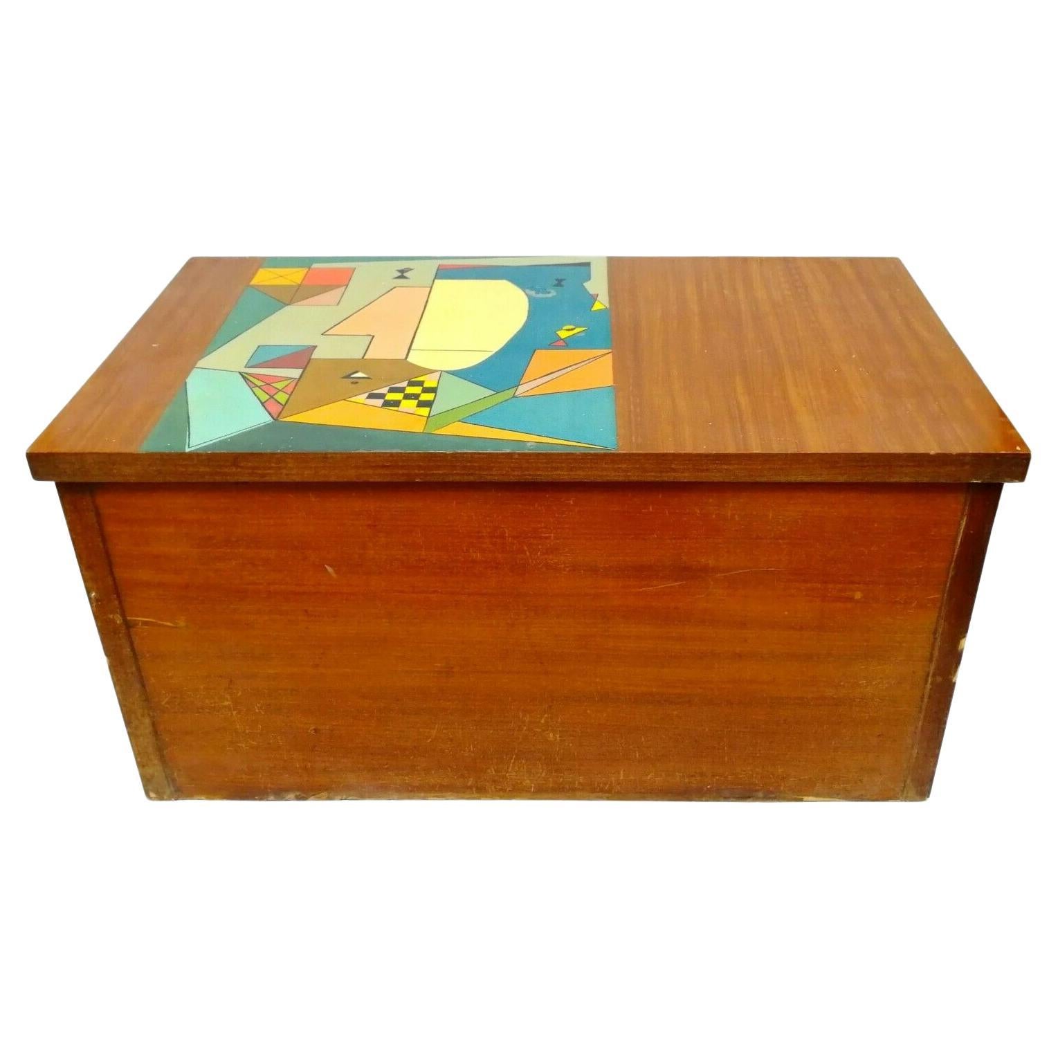 Vintage Small Chest in Wood with Futuristic Drawing, 1960s
