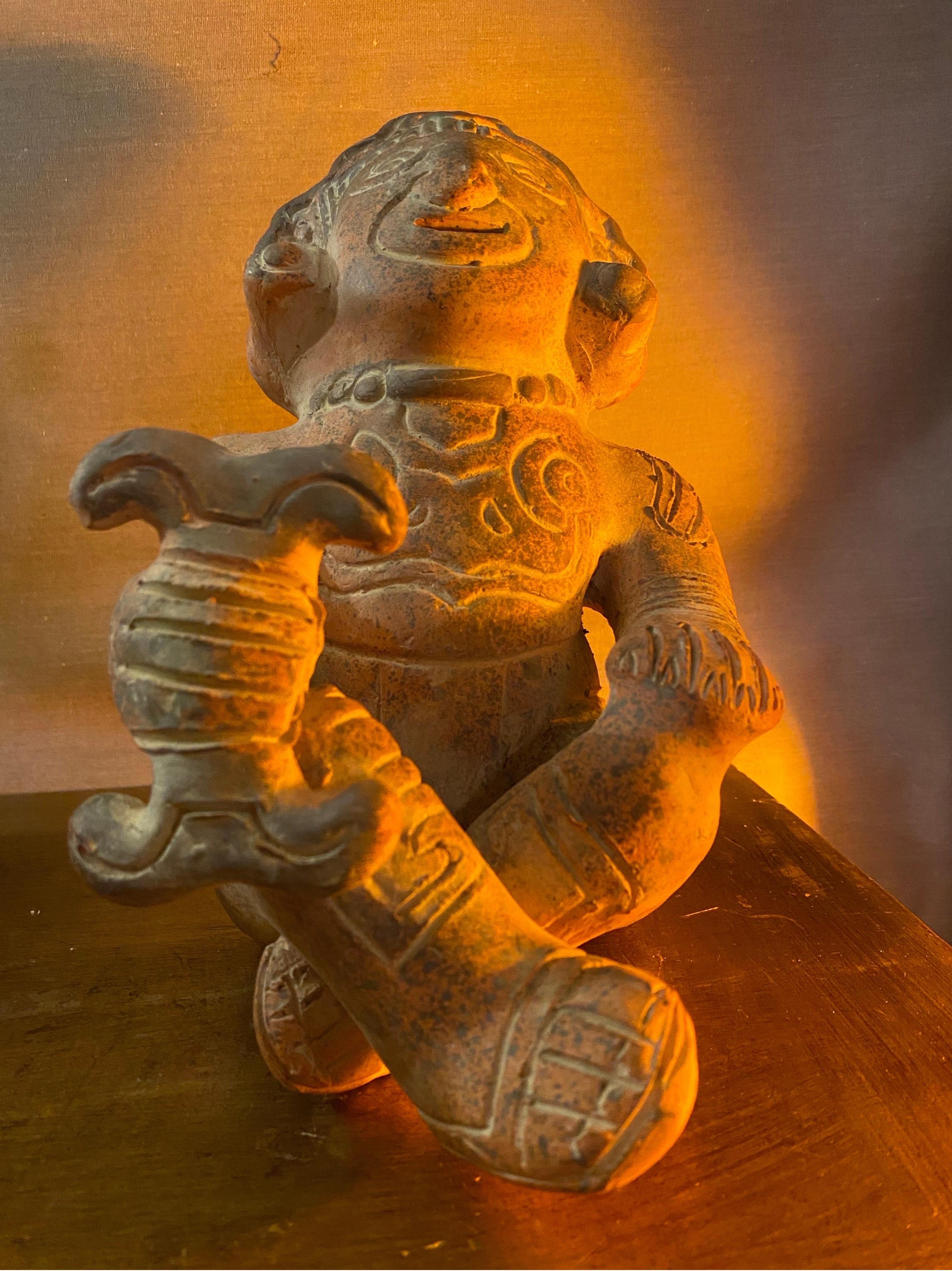 Vintage Small Cross-Legged Pre-Columbian Style Terra Cotta Statue of Mesoamerican God Xochipilli or 