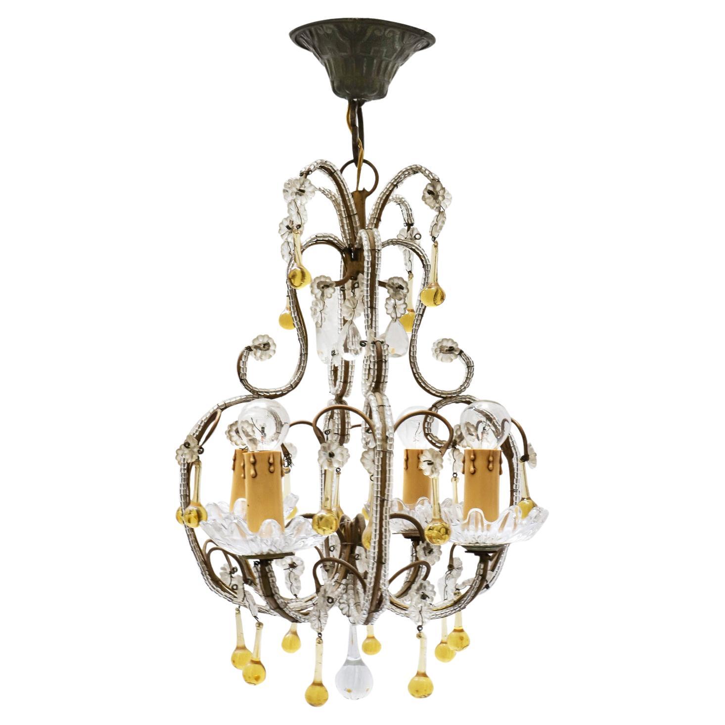 Vintage Small Crystal Beaded Yellow Italian Petite Chandelier Fixture For Sale