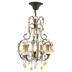 Vintage Small Crystal Beaded Yellow Italian Petite Chandelier Fixture