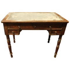 Vintage Small Desk in Walnut, Green Leather, 19th Century, Italy