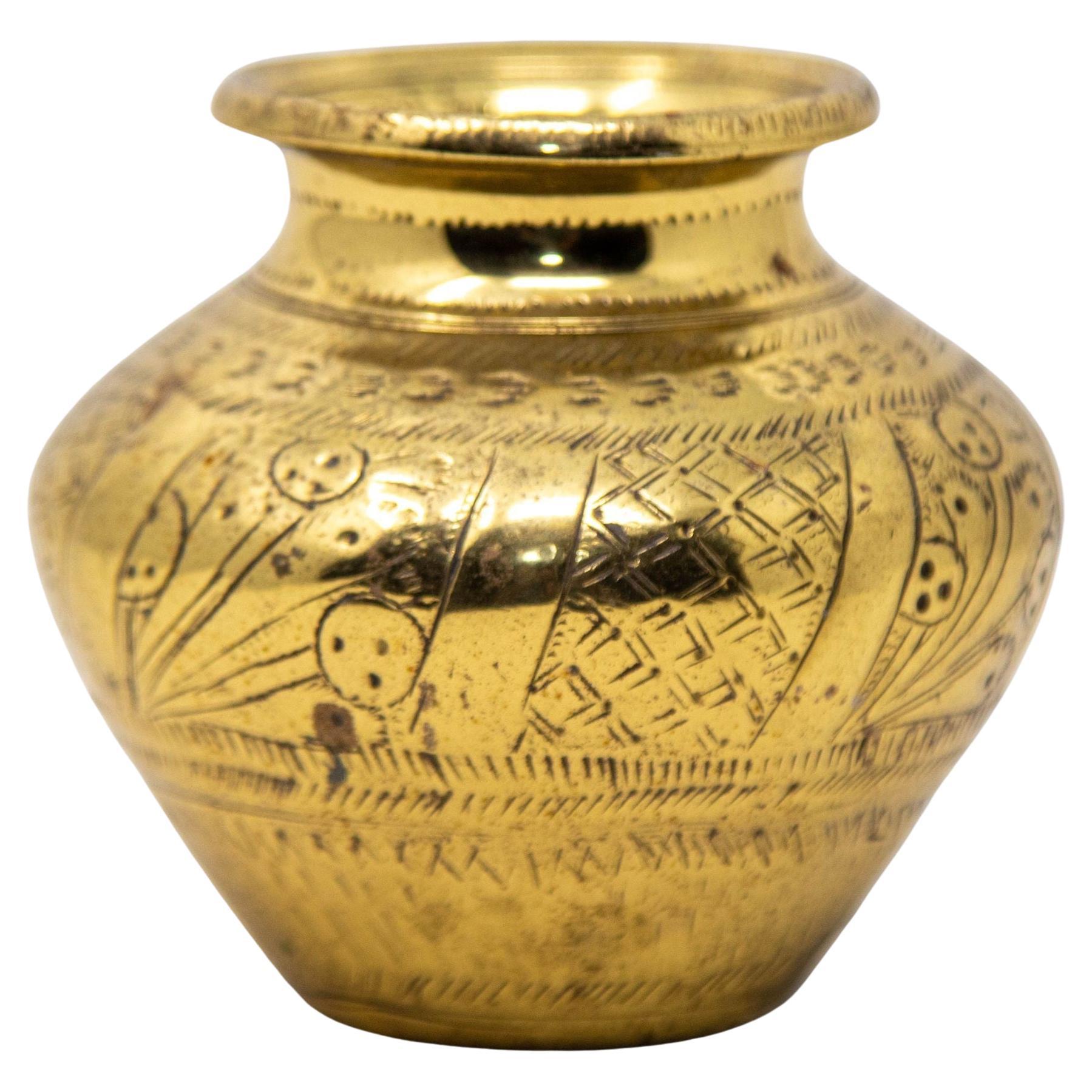 Vintage Small Engraved Brass Lota Vessel from India 1950s