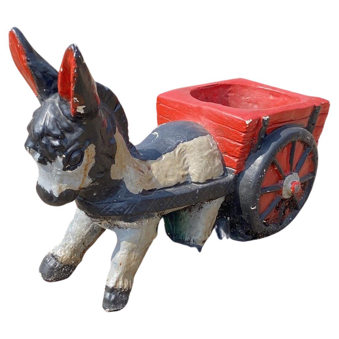 Vintage Small Figural Donkey Pulling Wagon Cart Cement Garden Planter Pot