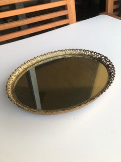 Vintage Small Filigree Oval Brass Vanity Tray with Mirror Inset