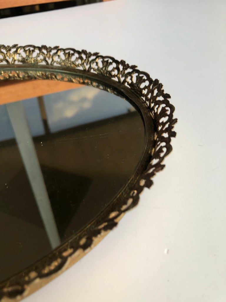Vintage Small Filigree Oval Brass Vanity Tray with Mirror Inset at
