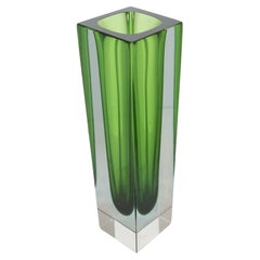 Vintage Small Geometric Vase in Green "Sommerso" Murano Glass, Flavio Poli Style