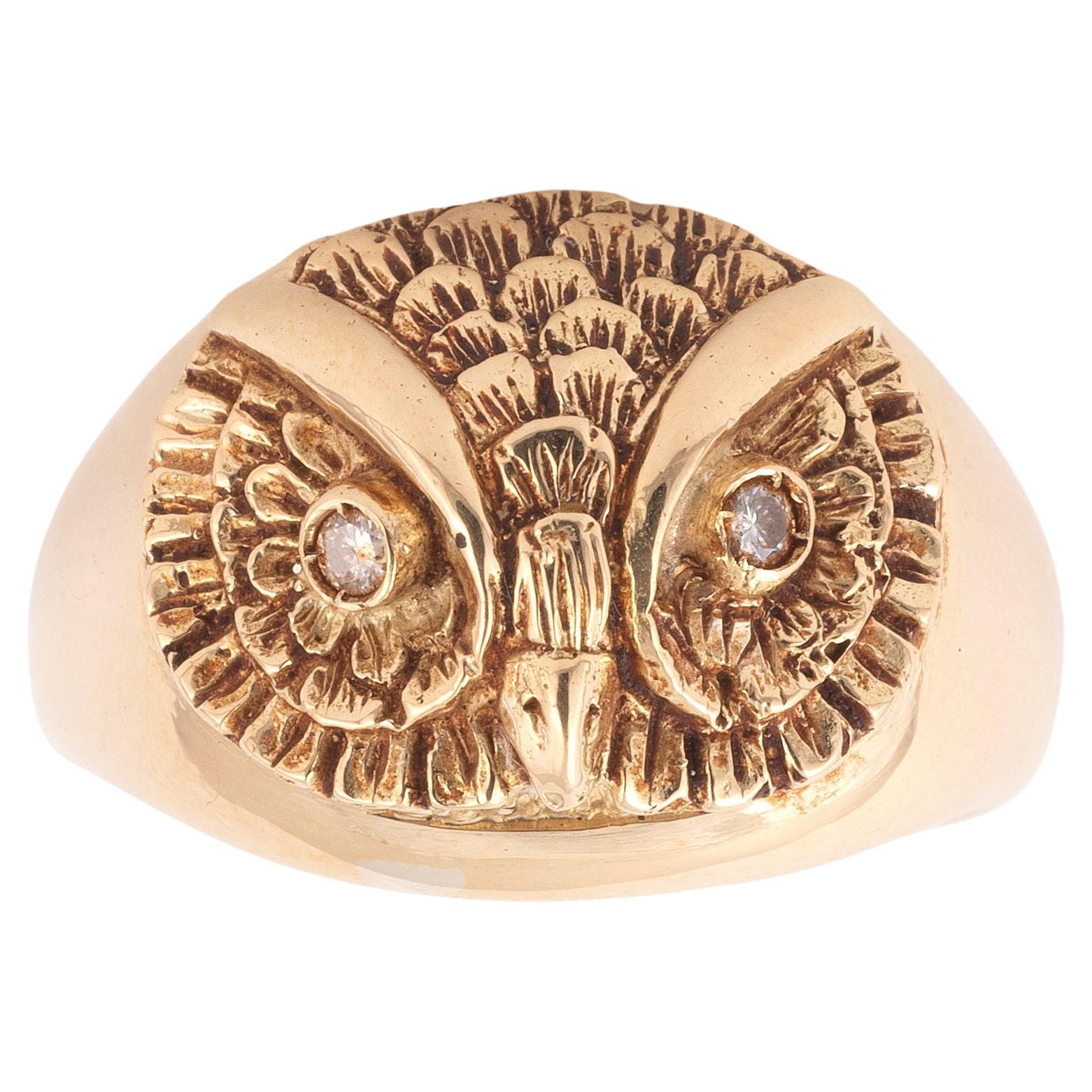 Old European Cut Vintage Small Gold and Diamond Owl Ring For Sale