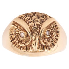 Retro Small Gold and Diamond Owl Ring