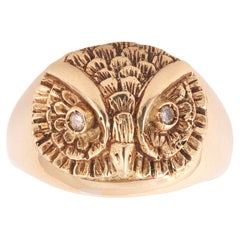 Petite bague hibou vintage en or et diamant