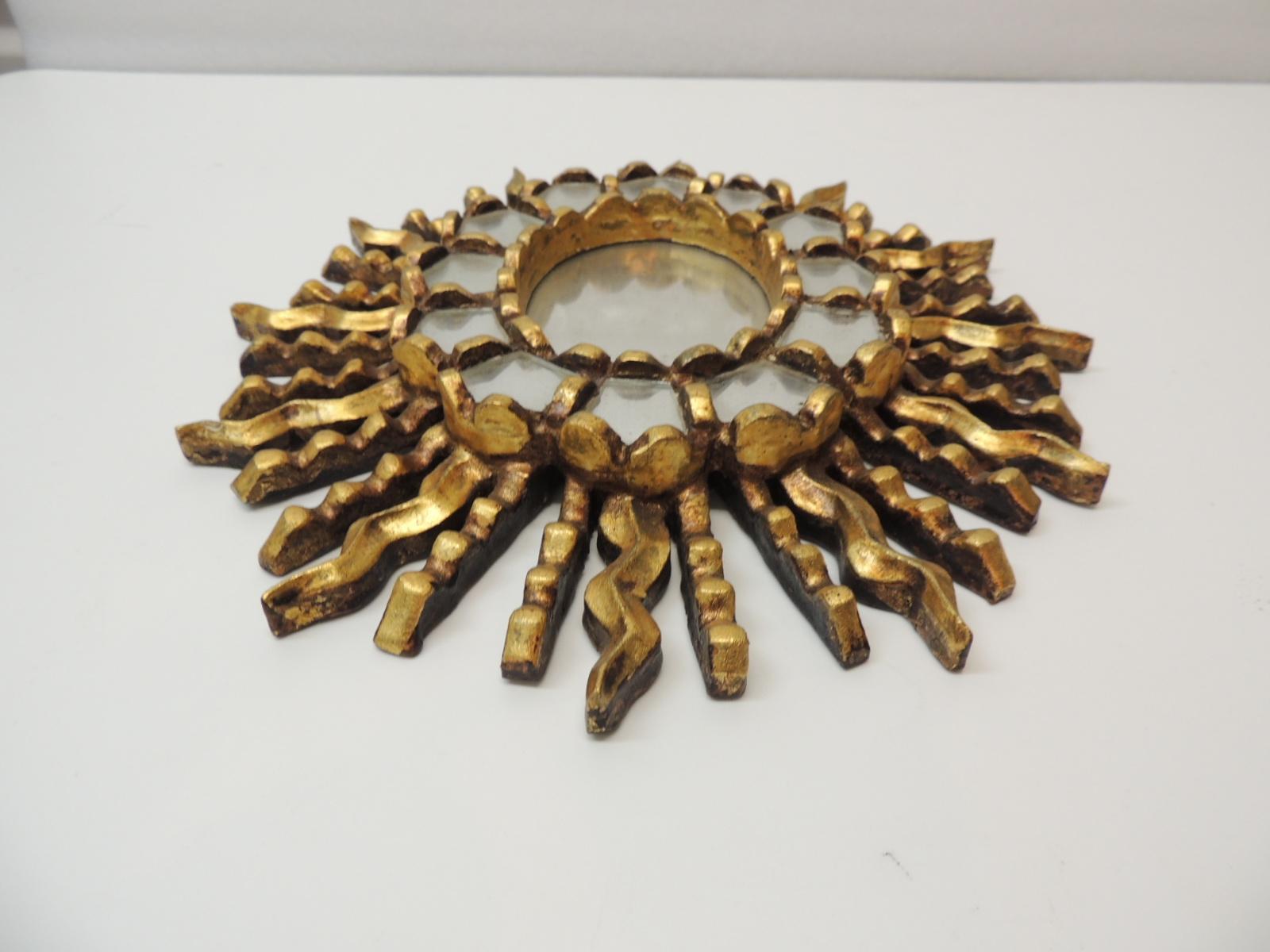 Hand-Crafted Vintage Small Gold Leaf on Wood Oval Sunburst Peruvian Mirror