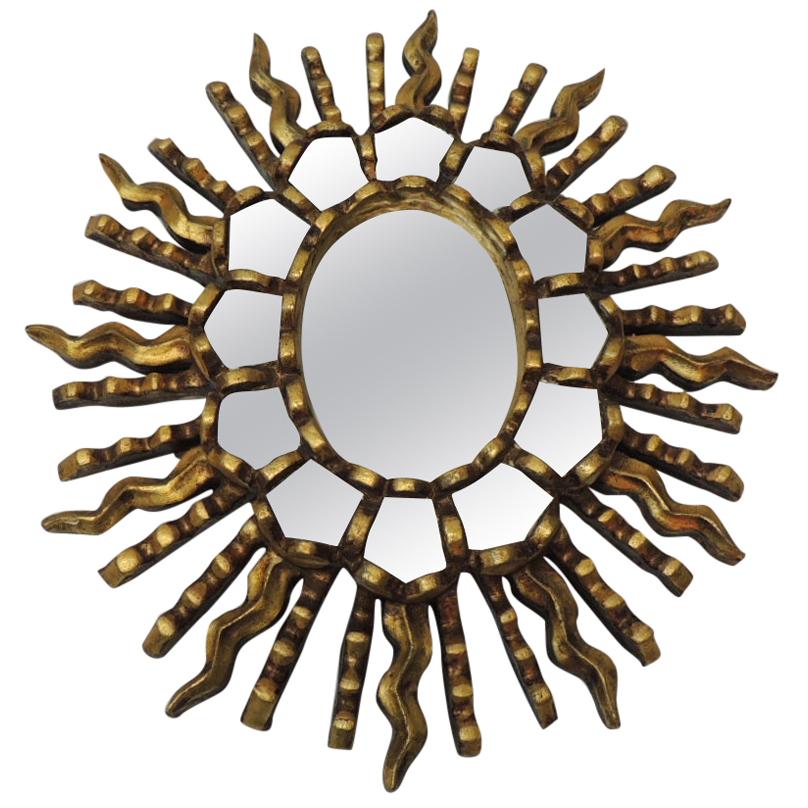 Vintage Small Gold Leaf on Wood Oval Sunburst Peruvian Mirror